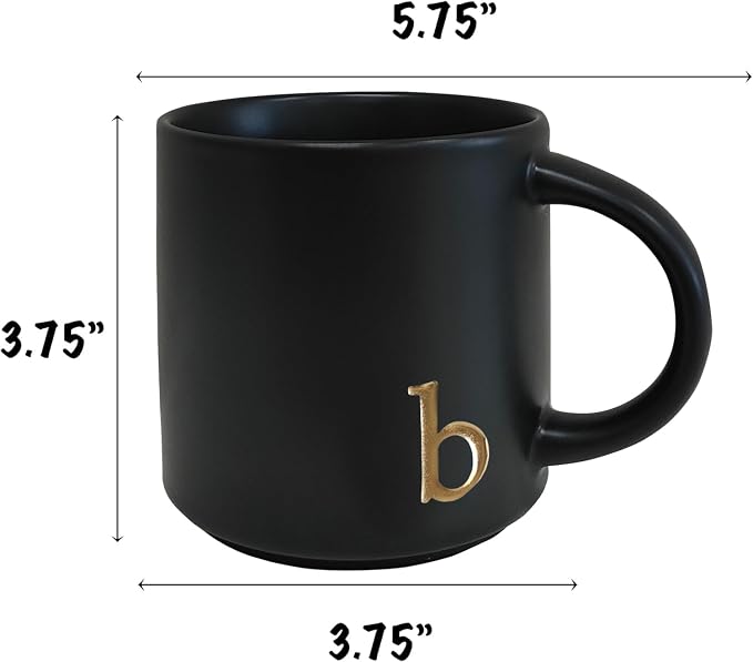 COLLECTIVE HOME Black Ceramic Coffee Mug, 15 oz Golden Monogram Tea Cup |