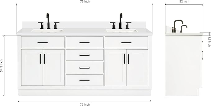 73" White Double Vanity, 1.5" Edge Pure White Quartz Countertop