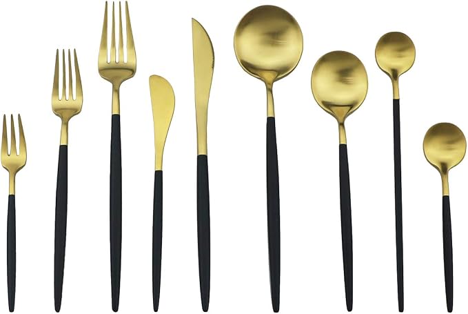 Black Gold Flatware, Royal 4 Piece Matte Black Handle 18/10 Stainless Steel Pie