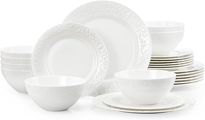 24Pcs Vintage Relief White Bone China Set, Service