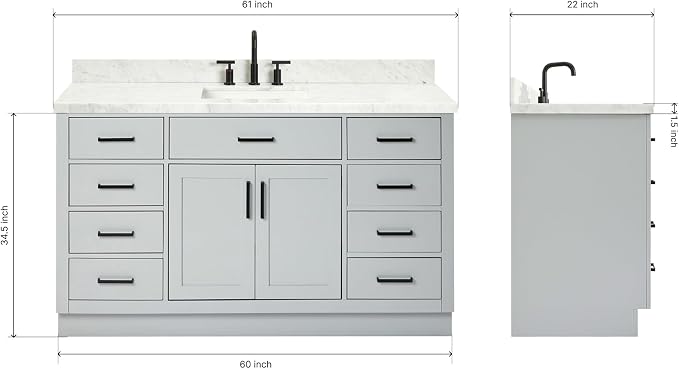 61" Grey Bathroom Vanity, 1.5" Edge Italian Carrara Marble Countertop