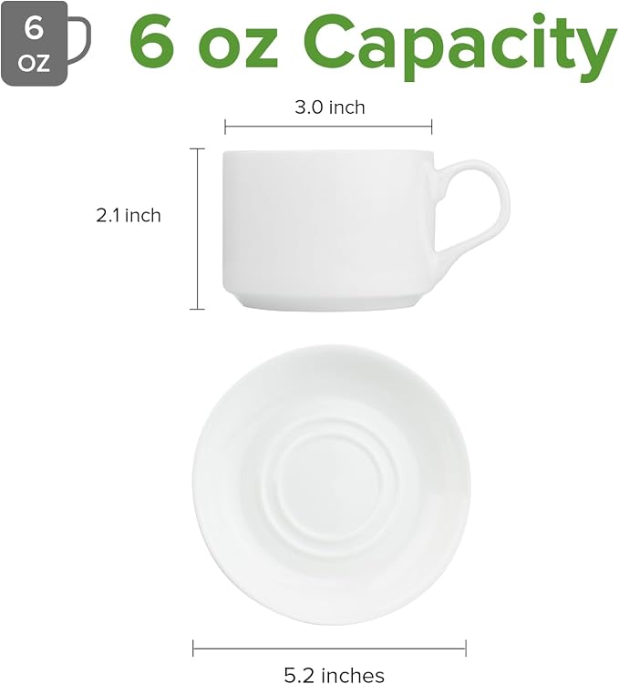 Fine Bone China Stackable Cup and Saucer Set of 6, Pure White Color Glaze Easy