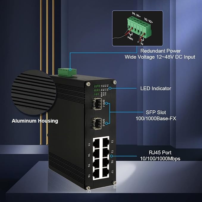 Industrial 8-Port Gigabit Ethernet Switch DIN Rail/Wall-Mount 8 port RJ45