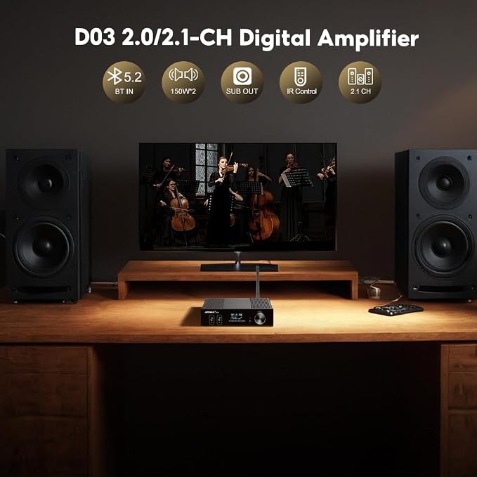 AIYIMA D03 Bluetooth 5.0 DAC Amplifier 150 Watt x 2 Stereo HiFi 2.1 CH Digital