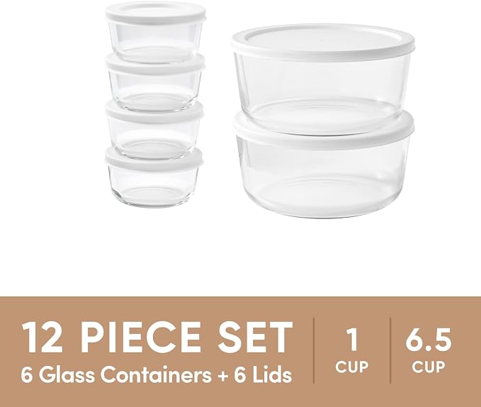 12-Piece Glass Food Storage Containers Set | 1-Cup & 6.5-Cup, Leakproof |