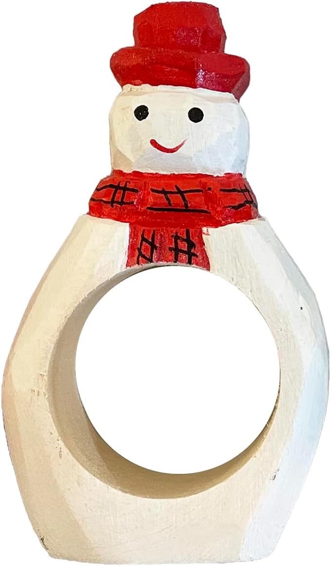 Set of 4 Hand-Carved Wooden Holiday Napkin Rings, Christmas Tree, Pumpkin &