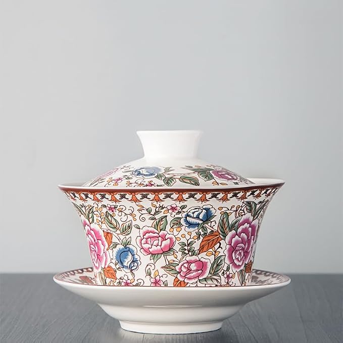 Chinese Gaiwan Tea Cup, Asian Traditional Porcelain Kungfu Handleless Tea Cup