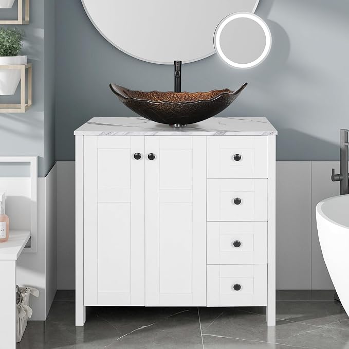 32" White Bathroom Vanity with Marble Texture Top and 4 Drawers
