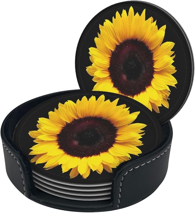 6 Pcs Black Farmhouse Blossom Sunflower Leather Coasters