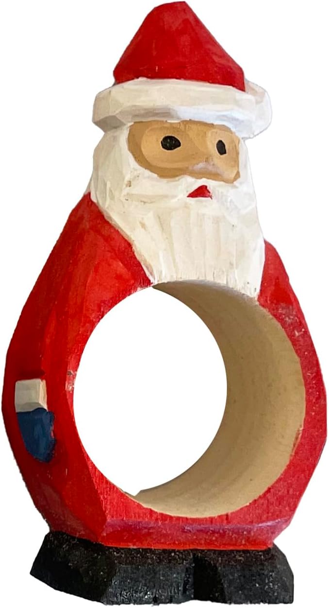 Set of 4 Hand-Carved Wooden Holiday Napkin Rings, Christmas Tree, Pumpkin &
