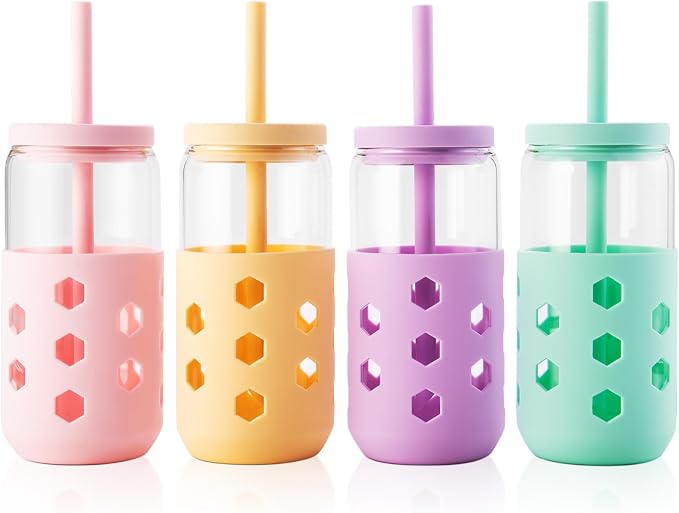 Mrsdry 16 oz Glass Cups with Lids and Straws