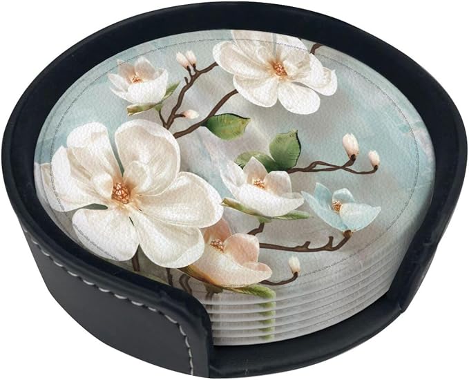 6 Pcs Spring White Blossom Magnolia Flowers Leather Coasters