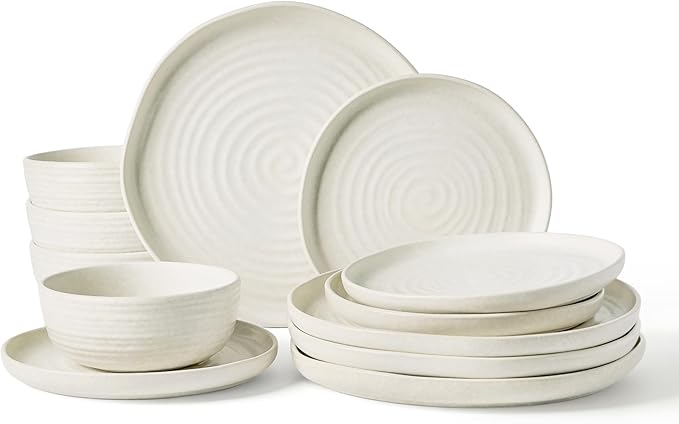 Famiware Pluto 12-Piece Stoneware Dinnerware Set, Matte Beige White | Double