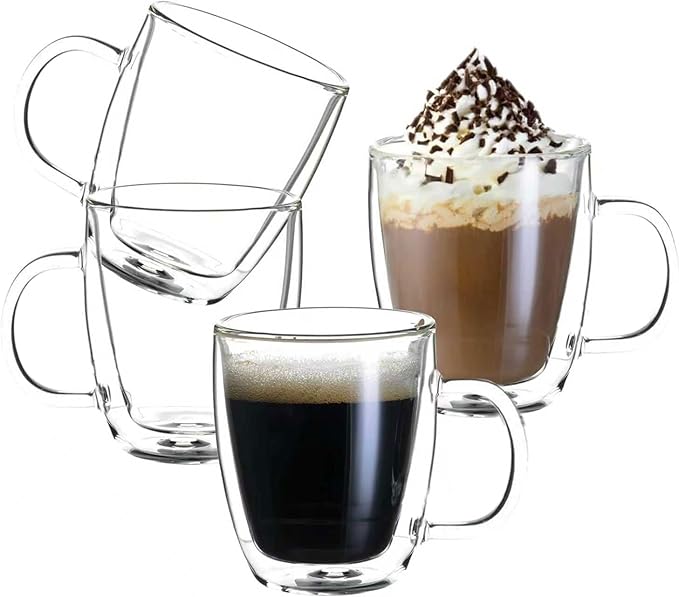 Wlasss Double Wall Insulated Glass Coffee Mugs set of 4-13 oz Clear Hand Blown