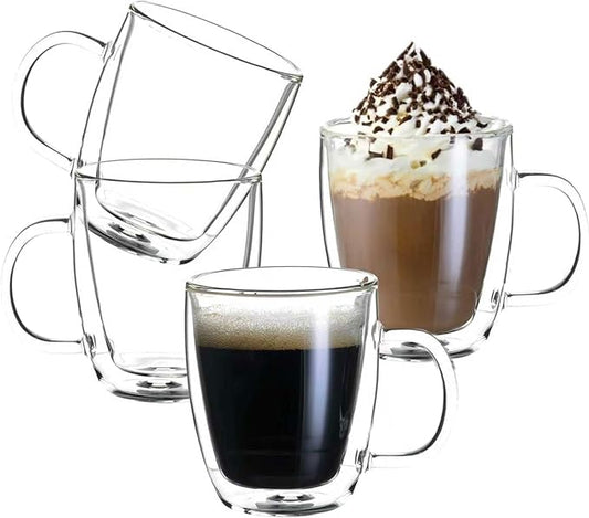 Wlasss Double Wall Insulated Glass Coffee Mugs set of 4-13 oz Clear Hand Blown
