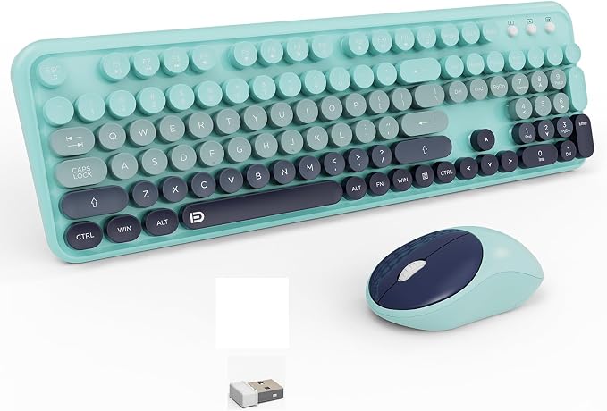 Wireless Keyboard and Mouse Set, 104 Round Keys Full-Size Cute Colorful