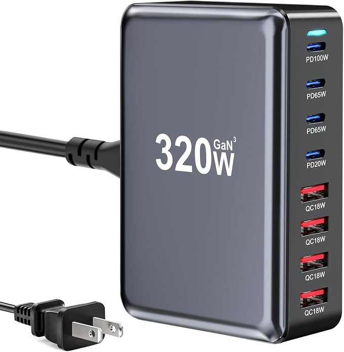 320W USB C Fast Charger Block, 8 Port USB Charging Station, GaN Ⅲ Pro 100W PD