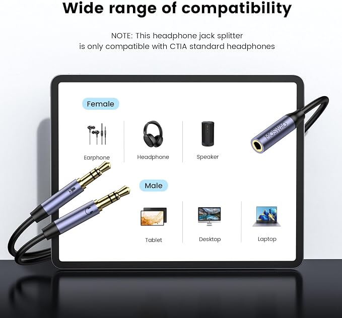 MOSWAG Headphone Splitter for Computer, 3.5mm Female to Dual 3.5mm Male Cable