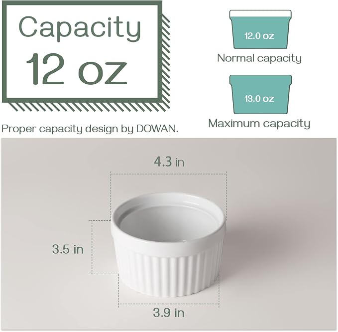 DOWAN Ramekins 12 oz Oven Safe, Creme Brulee Ramekin Souffle Dishes