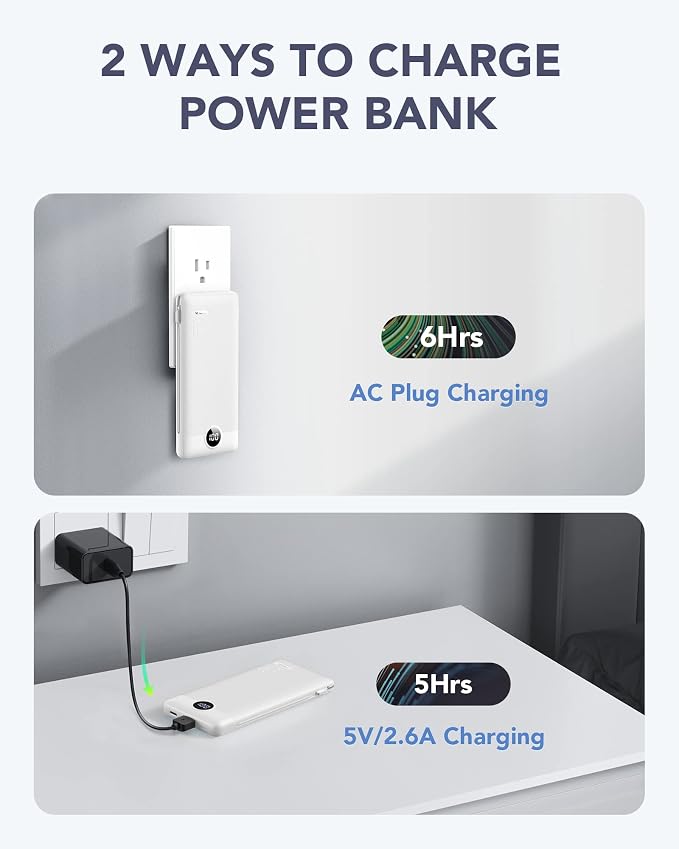 VRURC Portable Charger, Power Bank Built-in Cables and AC Wall Plug, USB C