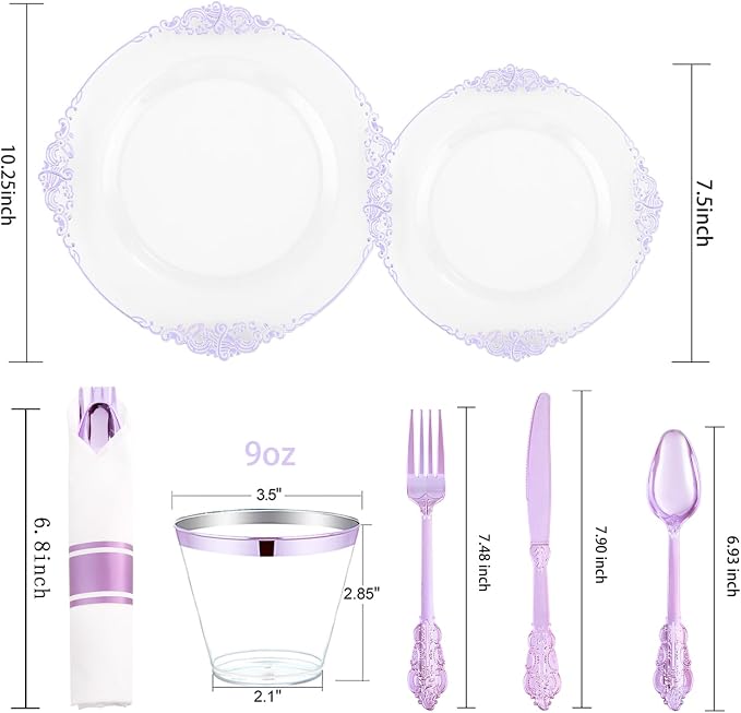 175 Pcs Clear Purple Plates for Party | Party Plates Set for 25 Guests