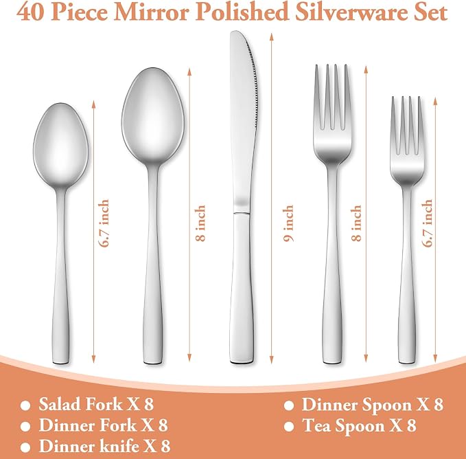 40 Pcs Silverware Set, Stainless Steel Flatware Set