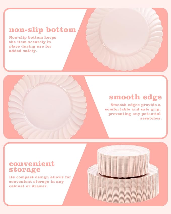YOUBET 100PCS Pink Scalloped Plastic Plates