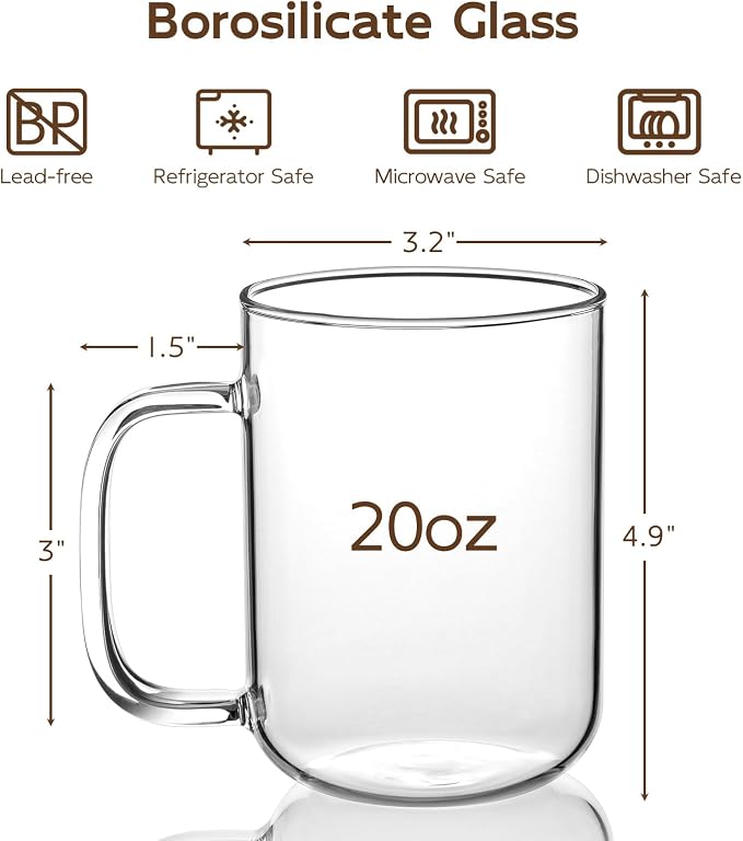 Glass Coffee Mugs, 20 oz Ice Coffee Cups Set of 6, Large Clear Tea Cups