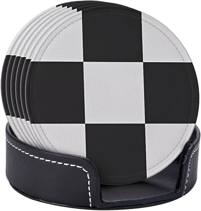 6 Pcs Black and White Checker Leather Coasters