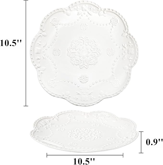 Tebery Set of 4 Ceramic Dinner Plate, 10.5 Inch Large Embossed Lace Salad