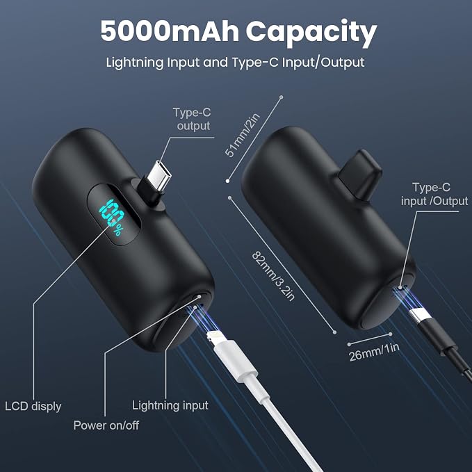 Samll Portable Charger for iPhone 16/15 Series, 5000mAh 3A PD USB C Power Bank