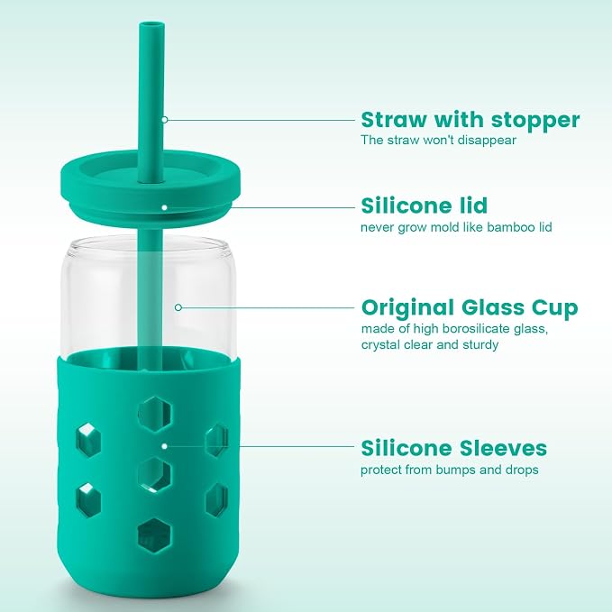 Mrsdry 16 oz Glass Cups with Lids and Straws