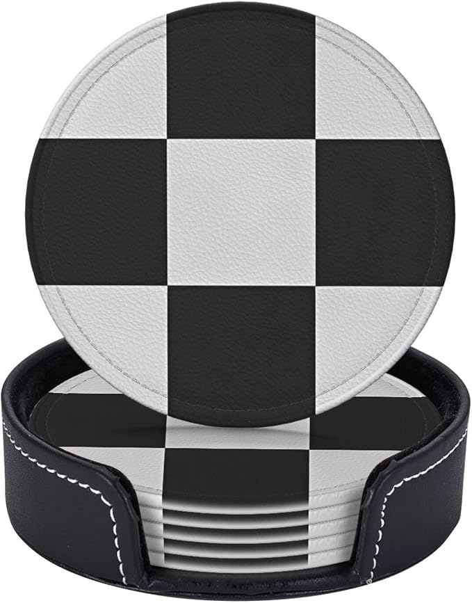 6 Pcs Black and White Checker Leather Coasters