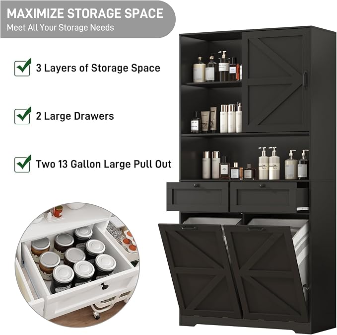 78" Tall Tilt-Out Double Doors Laundry Cabinet Hamper w Hidden Laundry
