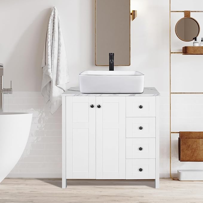 32" White Bathroom Vanity with Marble Texture Top and 4 Drawers