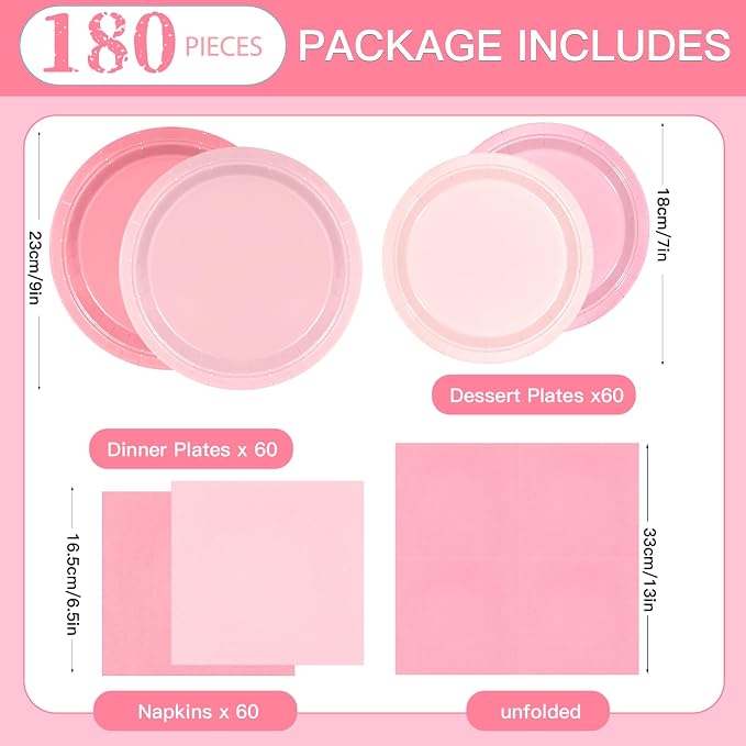 180Pcs Pink Party Supplies Paper Plates and Napkins Serve 60 | Disposable