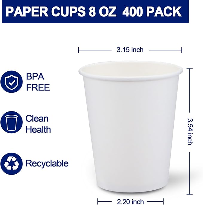 Clawsoff 400 Count Paper Coffee Cups 8 oz White Disposable Coffee Cups Bulk |