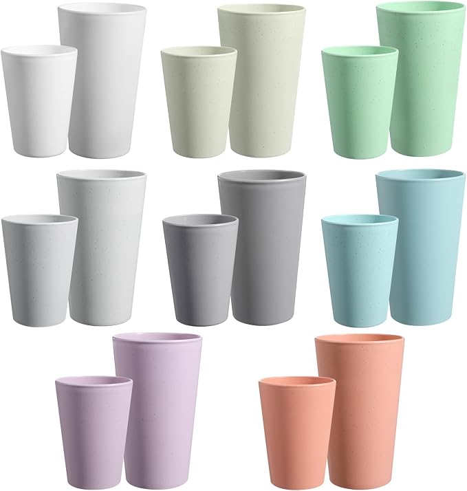 HEYCOME Set of 16 Wheat Straw Cups, Reusable Plastic Cups Sets, Water Glasses