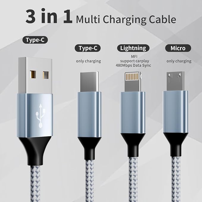 IDISON Multi Charging Cable, 3 in 1 Charging Cable Nylon Braided Multiple USB