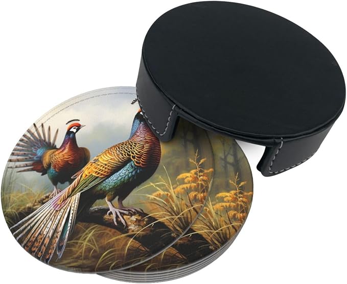 6Pcs PU Leather Coaster for Drinks, Pheasants Animals Cup Coasters