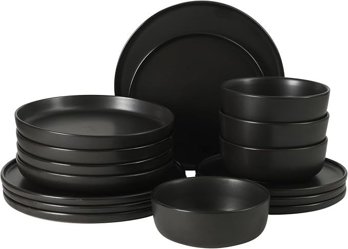 Gibson Elite Bayou Moon Plates and Bowls Sets, 16-Piece Black Matte Stoneware
