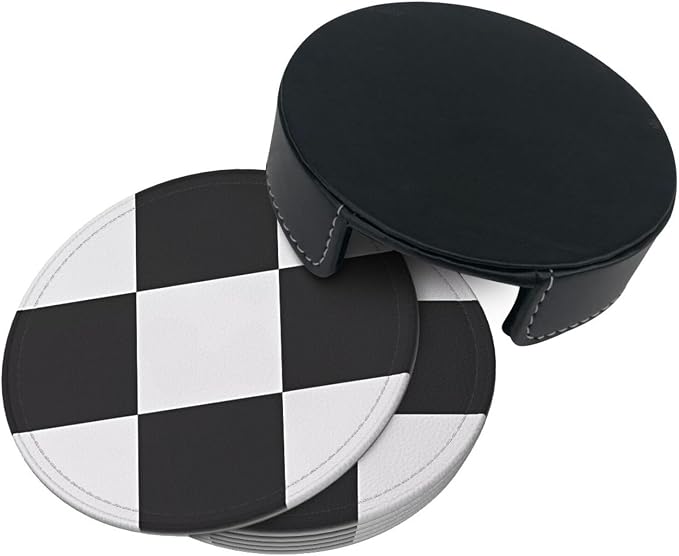 6 Pcs Black and White Checker Leather Coasters