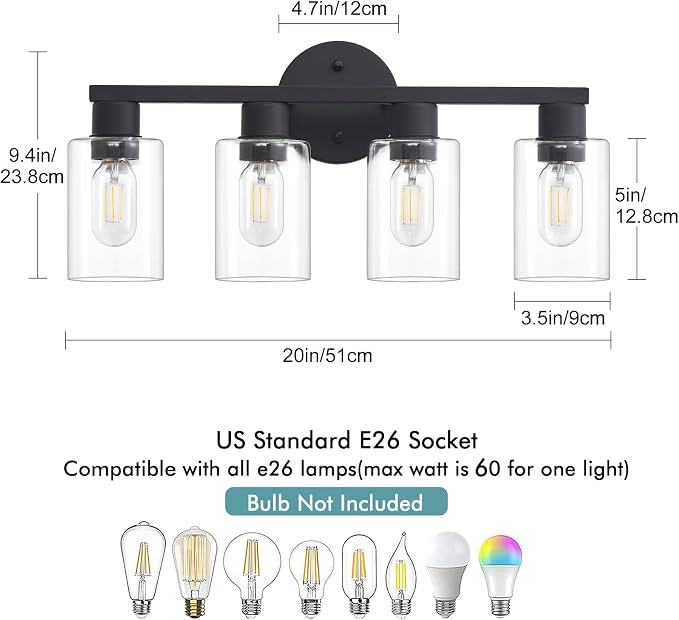 4 Light Bathroom Vanity Light, Matte Black Bathroom Light Fixtures