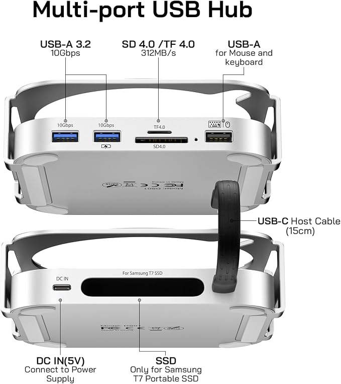 M-ac Mini M4 Dock with 4TB Sam-Sung T7 Portable SSD Enclosure, 7-in-1 Aluminum
