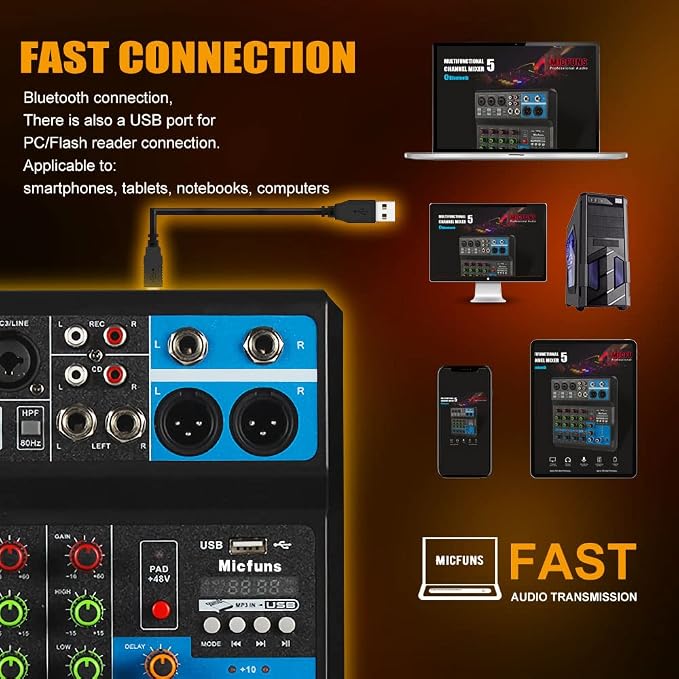 Mini audio DJ mixer Sound Board Console System, 5 Channel 48V Phantom Power