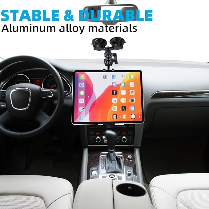 Aluminum Tablet Holder for All iPad, 360° adjustable Secure Double Suction Cup