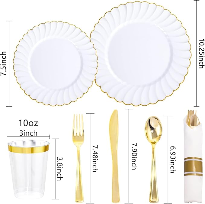 YOUBET 350PCS White and Gold Scalloped Plastic Plates