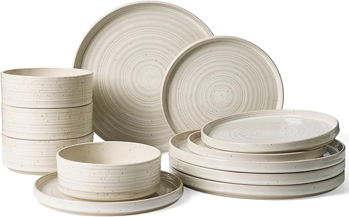 Stoneware Dinnerware Sets for 4, Reactive Glaze Plates & Bowls, Shell Beige |