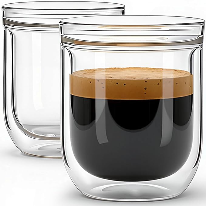 Aquach 8oz Double Walled Glass Espresso Cups Set of 2, Insulated Small Mugs |