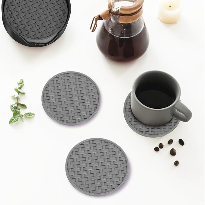 Gray Silicone Coasters with Holder, 4 Inch Non-Slip Drink Coasters Set of 6 |